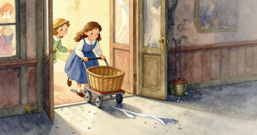 克拉拉穩住滑動購物車，赤足踩在冰冷瓷磚上，銀色痕跡與地面細節營造神秘氛圍。