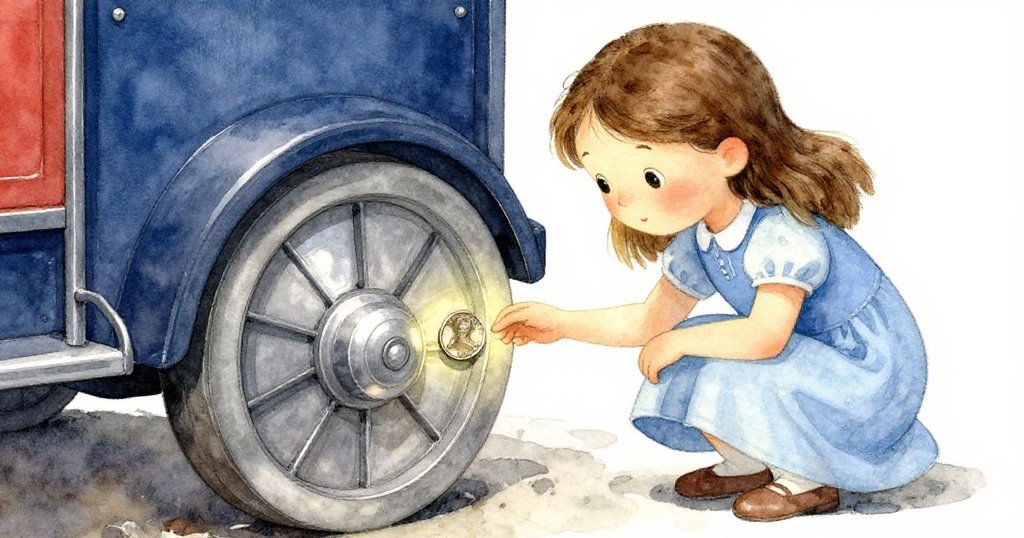 克拉拉蹲下細察車輪邊閃亮的小硬幣，她神情堅定，角度獨特，室內柔光與金屬質感交織。