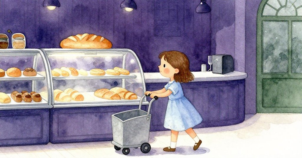 克拉拉推動購物車進入麵包區，櫃台上展示著微金黃色麵包，她神情平靜而專注，店內氛圍溫暖宜人。