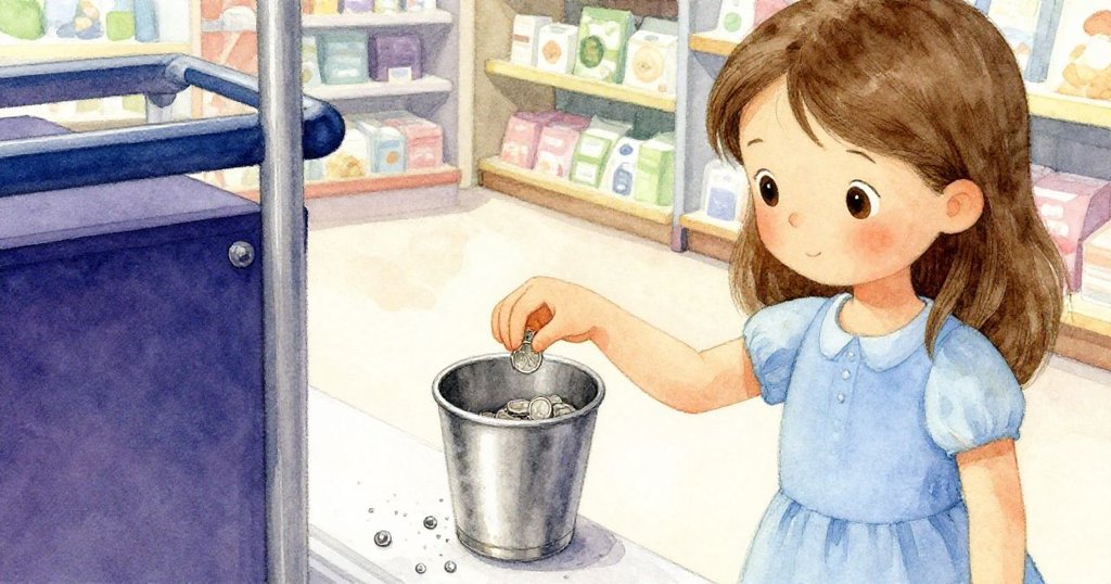 克拉拉將閃亮硬幣放入購物車杯架，銀光碎影散落地面，她滿足微笑，故事圓滿結束，環境柔和而明亮。