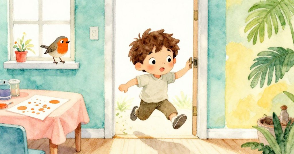 Hugo興奮地走進工藝角落，窗台上小知更鳥跳躍，溫暖光線灑落在橘墨報紙桌旁，展現創意起始。