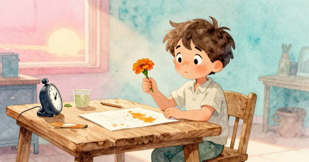 Hugo站在古樸木桌旁焦急等待，手持金盞花葉望向調整計時器的志工，環境散發溫暖柔和光線。