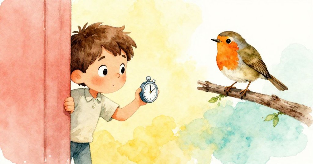 Hugo從狹縫中凝視志工啟動新計時器，旁邊枝頭的小知更鳥靜觀四周，畫面呈現好奇與期待情緒。