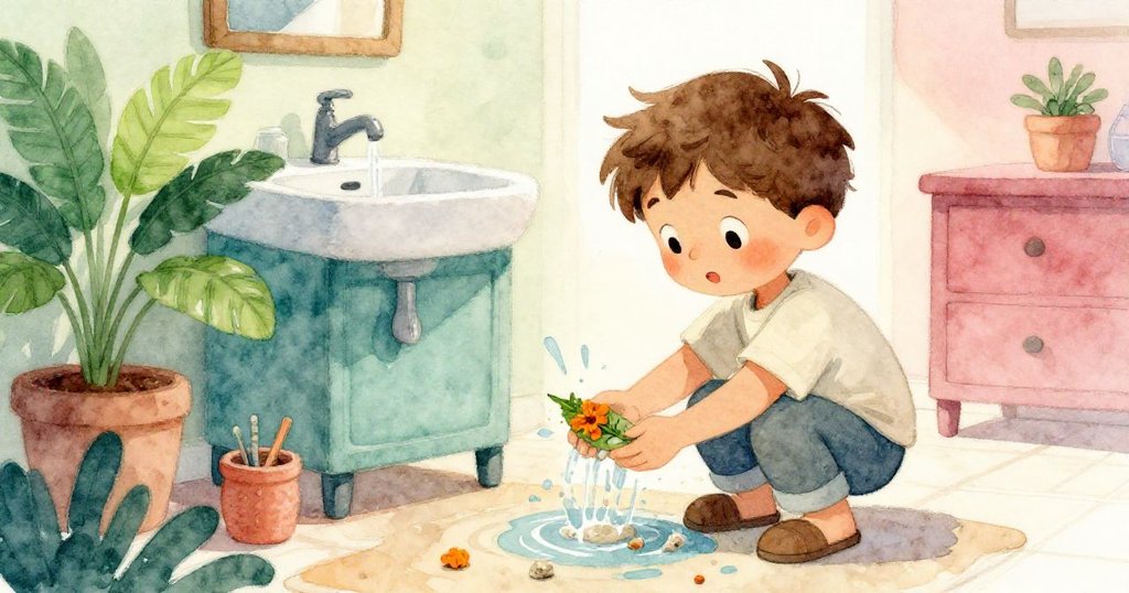 Hugo蹲在水槽旁仔細清洗附著黏土的金盞花葉，水花飛濺映出室內溫暖光線，畫面充滿專注與準備情緒。