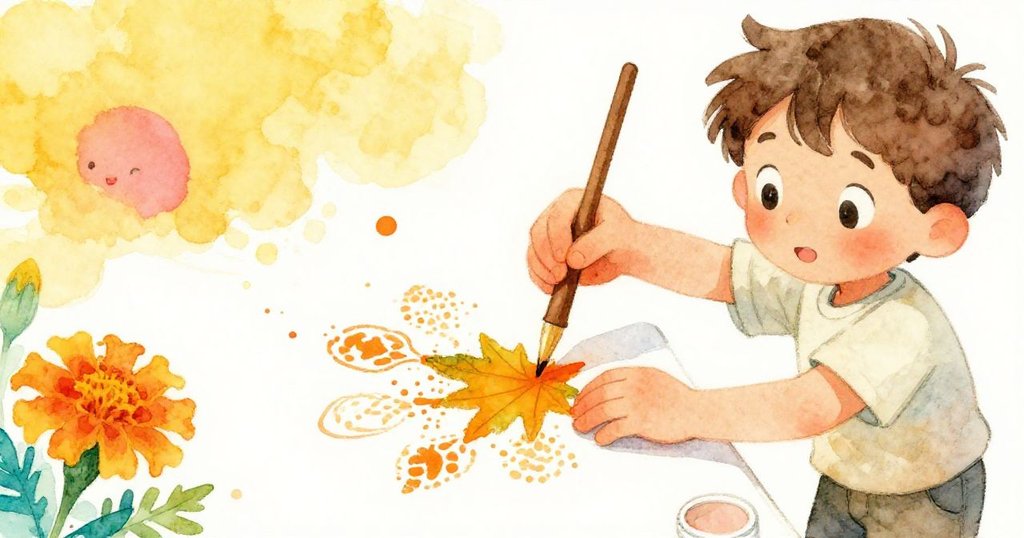 Hugo專注地將清洗過的金盞花葉傾斜壓印在墨墊上，手部動作細膩，橘色墨跡綻放出獨特紋路，定格瞬間。