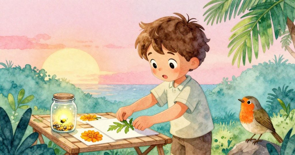 Hugo溫柔地將完成的壓印作品掛在風乾架上，玻璃罐中微光螢火蟲閃爍，小知更鳥靜守旁邊，展現寧靜收尾。