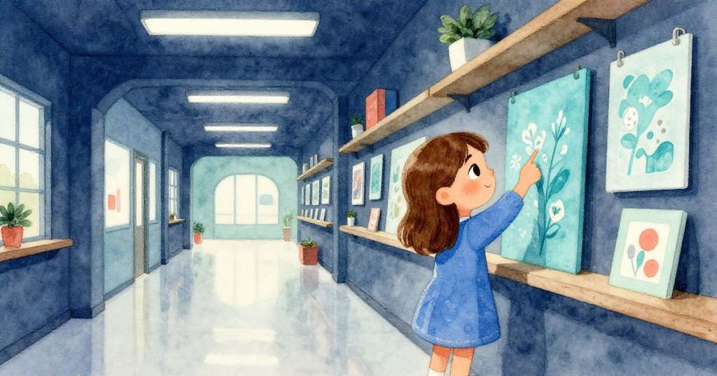 莉莉在教室走廊中計算藍色海報板數量,專注神情映在光滑地板上,展現現代校園氛圍。