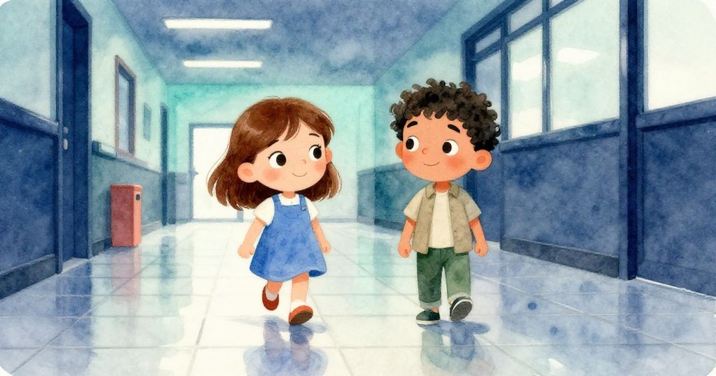 莉莉與奎因急步走在反光地板的走廊上,鞋印隱現,充滿現代學校動感與溫和決心。