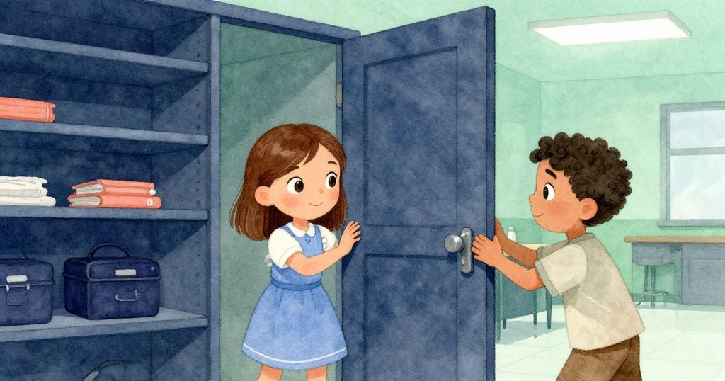 莉莉輕推半開的儲藏室門,奎因穩住門邊,兩人專注動作在柔和燈光下進行,呈現現代感。