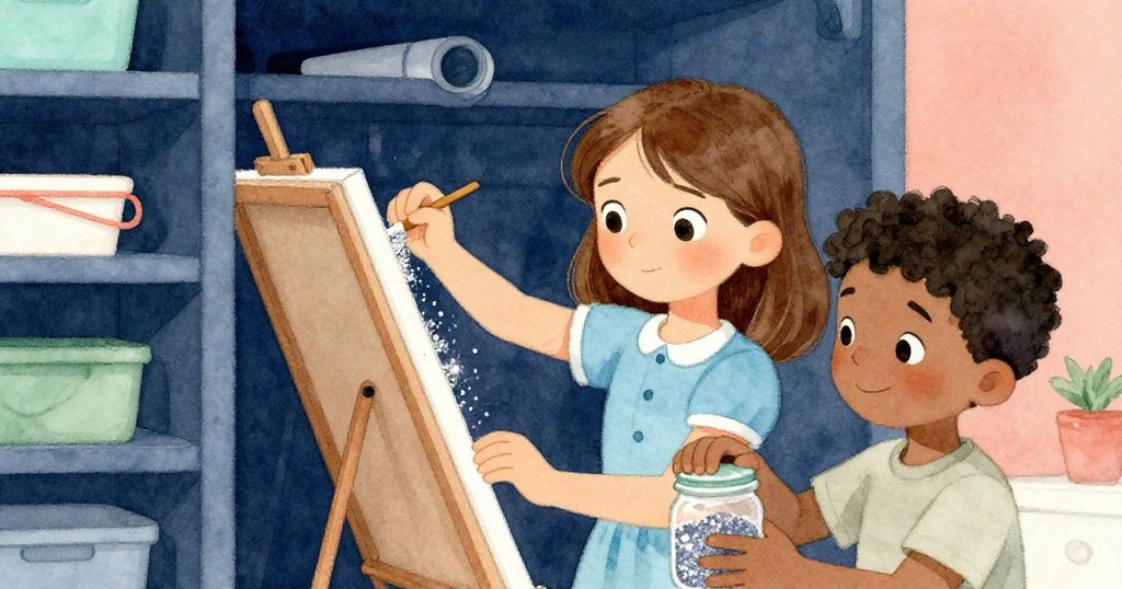 莉莉用海報角仔細撿起散落的銀色亮粉,奎因扶持玻璃罐,兩人臉上流露出堅定與互助,環境溫馨現代。