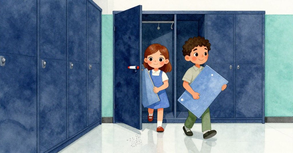 莉莉與奎因攜著回收的海報板和工具返回教室,地板上留有一顆閃亮銀粉,故事續行現代校園情調。