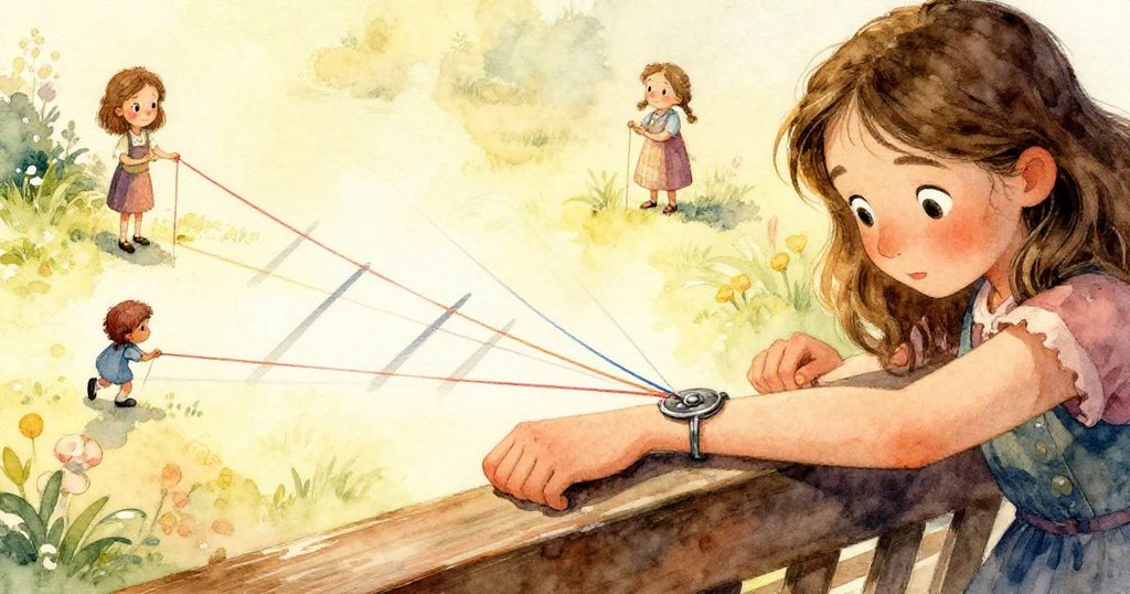 克蕾歐專注用手編織手環,彩線在金屬長椅上交錯成圖案,細節豐富,洋溢堅定溫柔情感。