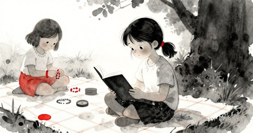 瑪貝爾靜坐於公園野餐墊上翻閱書籍,她目光溫柔遠望專注編織手環的克蕾歐,氛圍寧靜柔和。