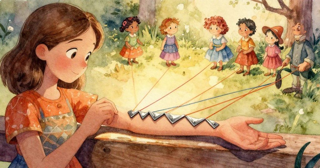 鏡頭近距離捕捉手環上彩線交錯的扭曲幾何,陽光照射下形狀變幻,展現出抽象且夢幻的視覺效果。