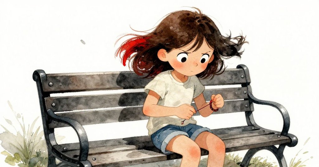 微風中,克蕾歐迅速夾住散落的彩線,於公園金屬長椅上穩固手環,展現出果斷與專注的瞬間。