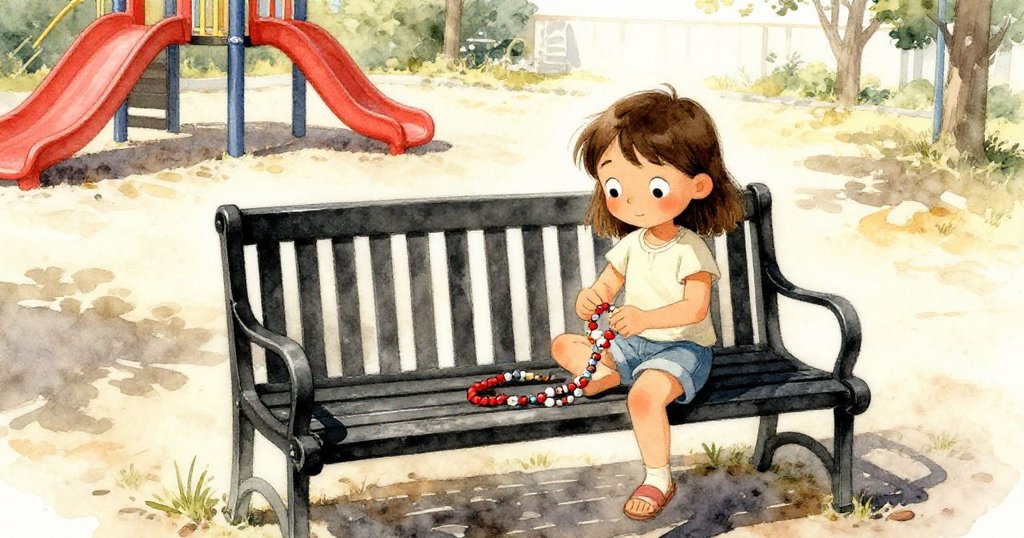 克蕾歐於公園金屬長椅上完成手環最後一結,臉上滿足微笑,陽光溫暖照耀恢復完美圖案的手環,場景充滿希望。