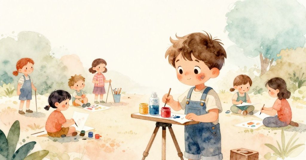 Wyatt在戶外藝術活動中專注作畫，周圍有其他孩子熱情圍觀，場景充滿陽光和歡樂氣氛。