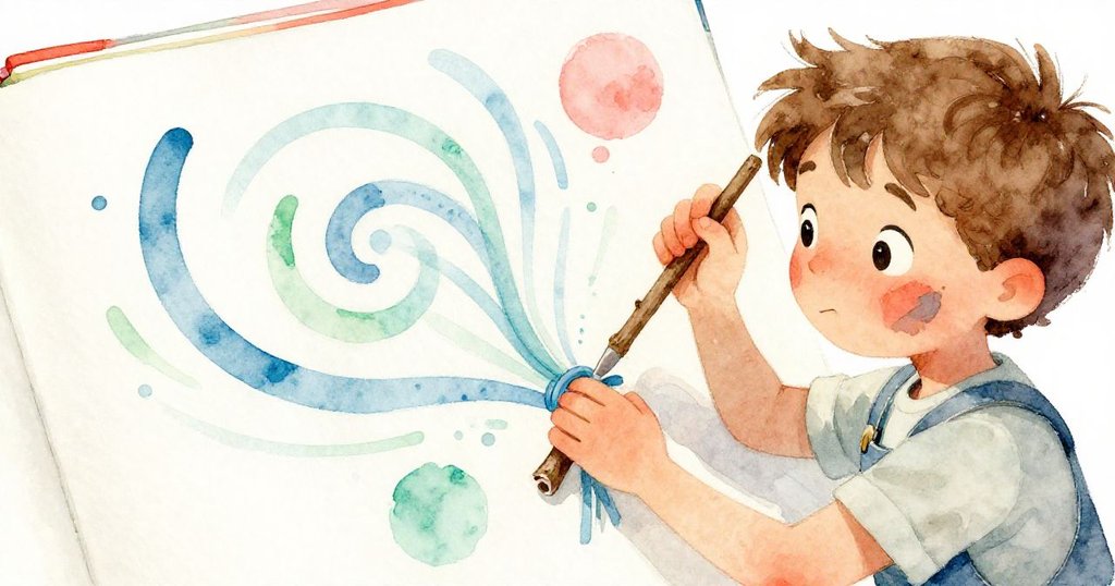 從Wyatt視角看見紙上藍色弧線與綠色點綴，他用小枝輕調黏結，創造出夢幻變化情景。