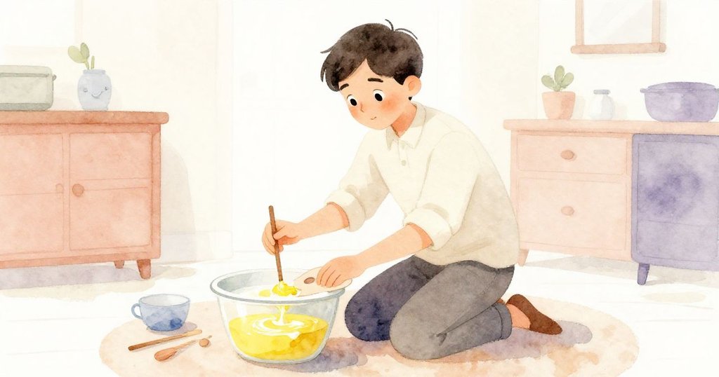 Dean在小型創意角落內用心攪拌新鮮黃色油彩，室內溫柔燈光下展現專注且溫暖的創作氛圍。