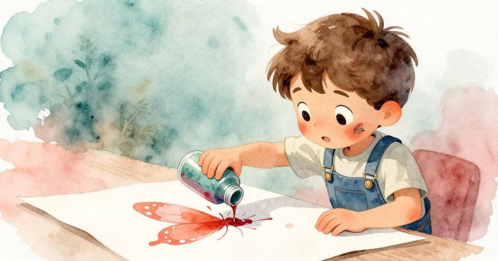 Wyatt用小枝輕推油漆瓶，創造出紙上如蝴蝶般的漸變痕跡，他臉上流露出驚喜與滿足。