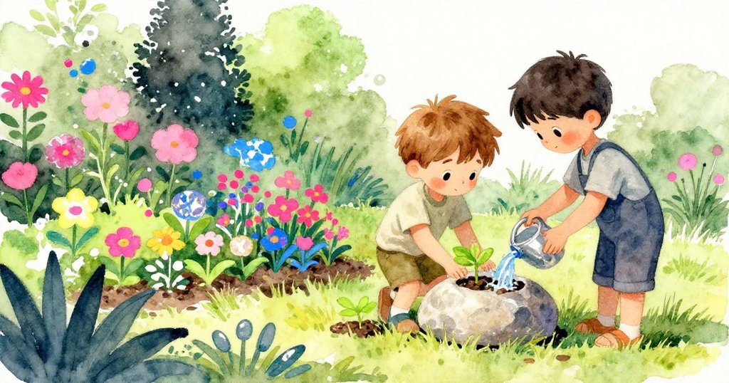 威亞特在花園中仔細看圓石,背景中尤尼提灑水澆花,溫暖晨光照亮綠意與奇幻色彩。