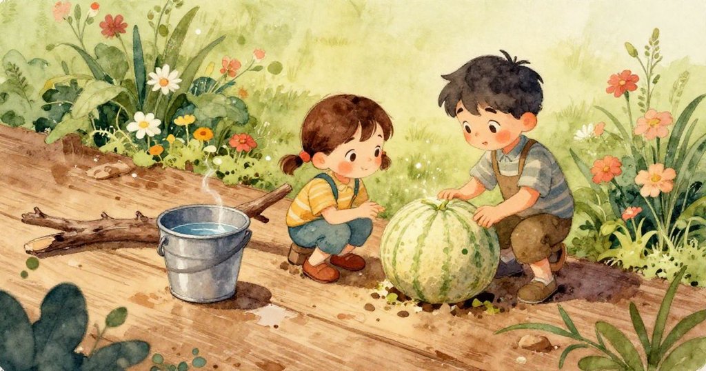 威亞特專注凝視圓石,眼中充滿決心與好奇,細緻捕捉庭園模糊背景映襯情感。