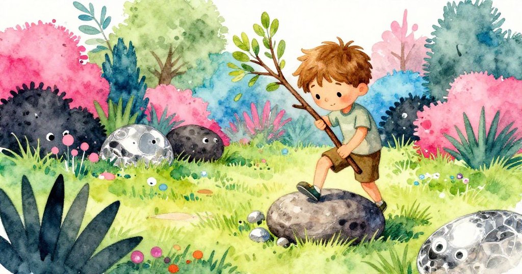 威亞特以斜角動作運用木枝與平石作杠桿,庭園中枝葉交錯展現創意與活力。