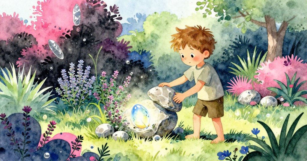 威亞特輕挪石塊展露閃爍玻璃碎片,庭園中百 thyme襯托寶藏光澤,寧靜中傳遞小小勝利。