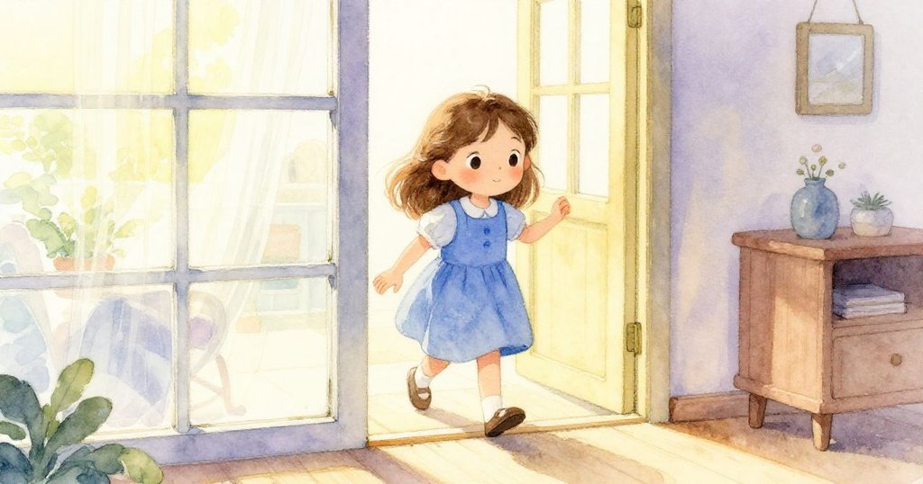 花拉步入晨光房間,注視窗沿上微光彩帶,神情好奇且充滿期待