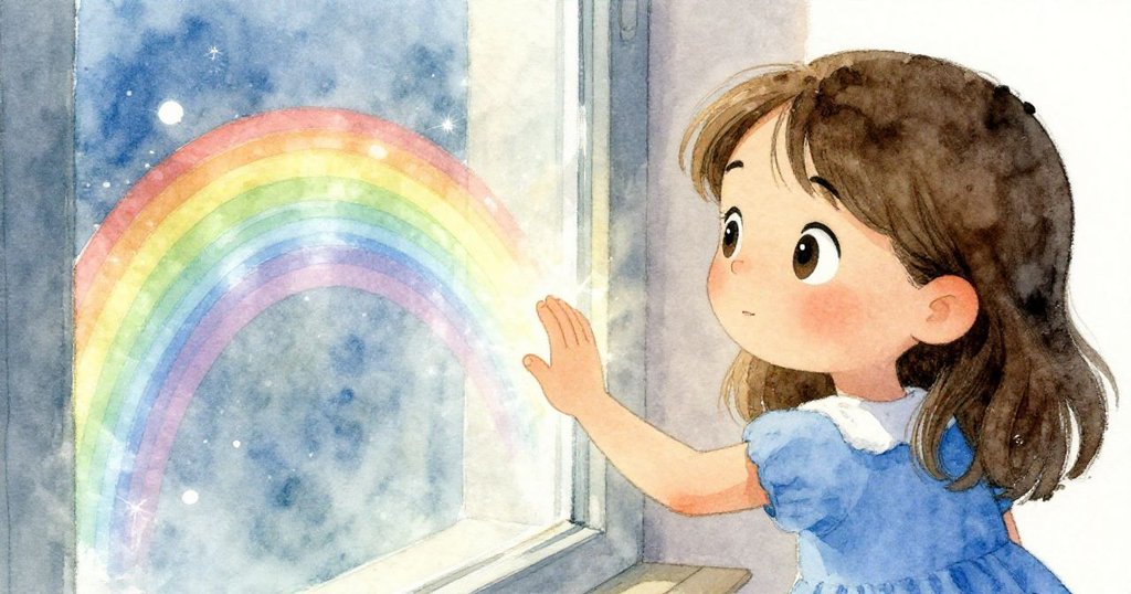 花拉輕觸發光玻璃,透出閃動彩帶,流露出細膩好奇的情感