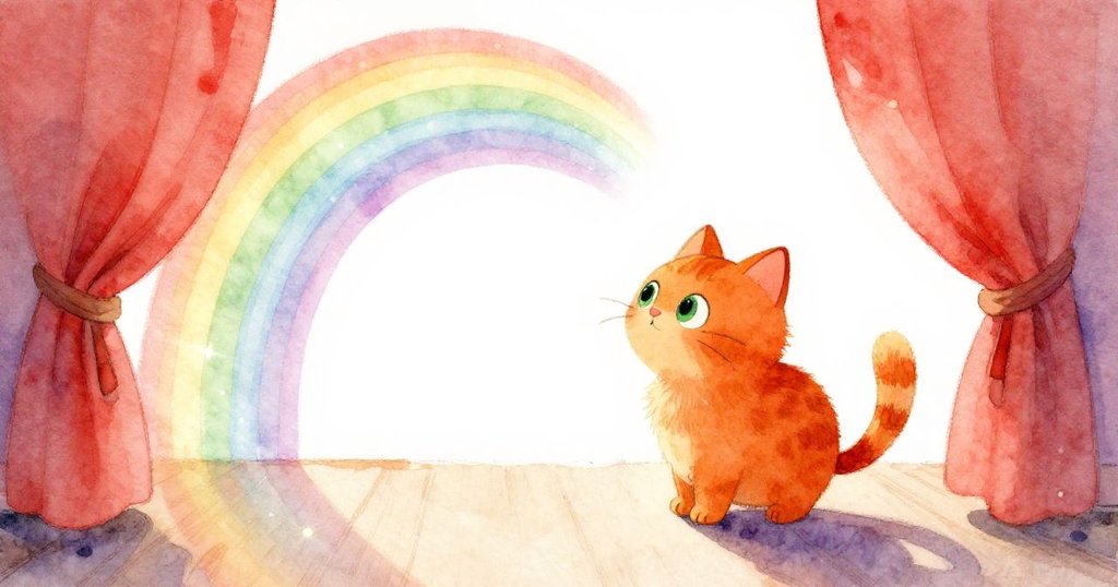 橘貓米洛凝視搖曳彩帶與光影交織,室內氛圍魔幻且充滿好奇