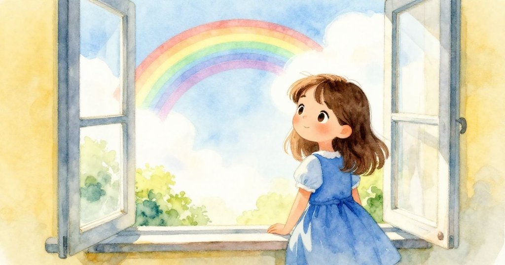 花拉站在開放窗邊,透過玻璃彩帶映照晨光與雲影,內心充滿浪漫與好奇