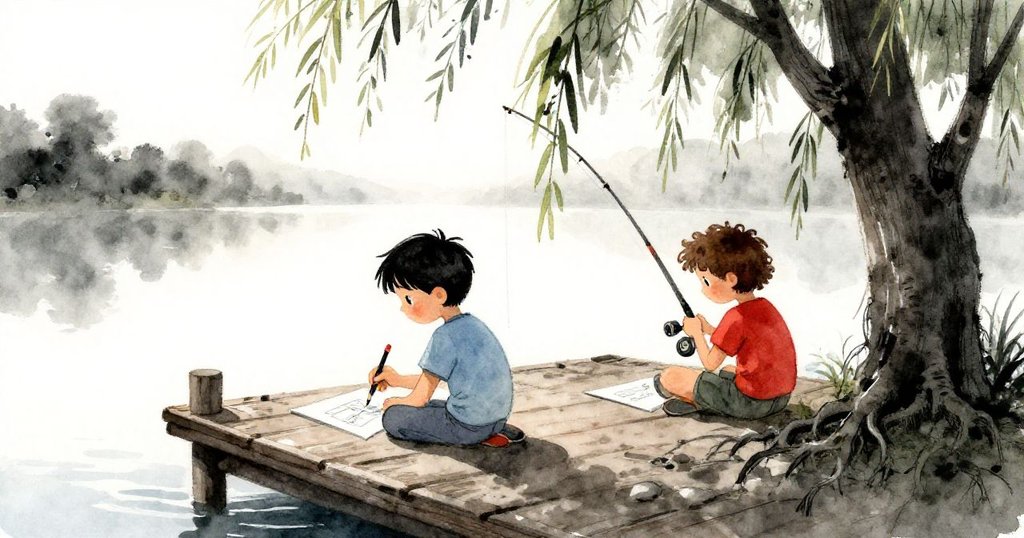 Miles與Cruz在晨曦中於停靠岸邊動作活潑,Miles正專注畫畫,Cruz正準備釣魚,背景有垂柳與水面倒影。