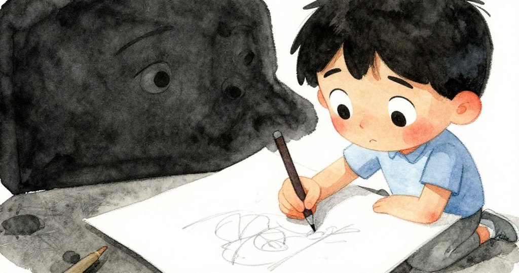 Miles專注畫畫的臉部特寫,眼神集中,鉛筆在紙上勾勒濃厚線條,背景呈現停靠岸邊柔和光影。