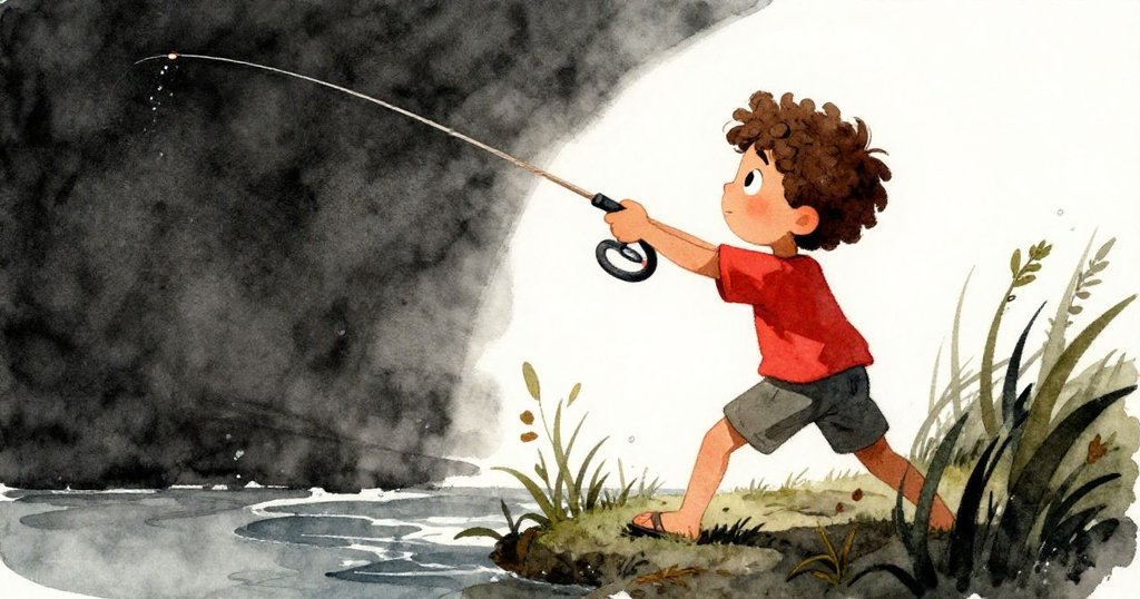 Cruz技巧抛竿的畫面呈現斜向視角,正與水面上漂浮的雜草互動,動作中充滿活力與戲劇性。