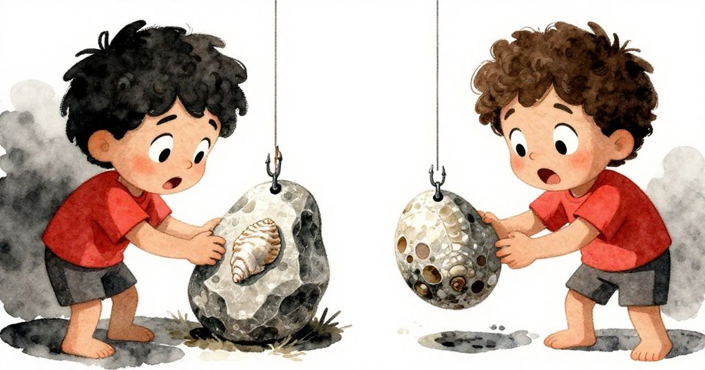 Cruz驚訝地凝視釣鉤上帶有貝殼化石圖案的石頭,畫面並列展示他驚喜神情與精細物件細節。