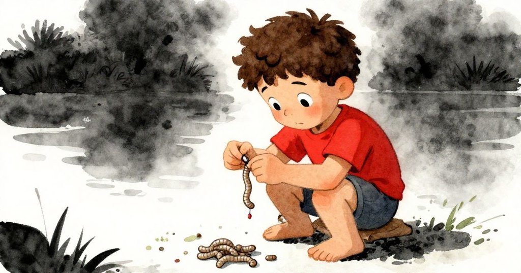 Cruz專注處理餌料,細心撕裂蠕蟲並將小段纏繞釣鉤,面露堅定但流露擔憂,背景為水面與土壤。