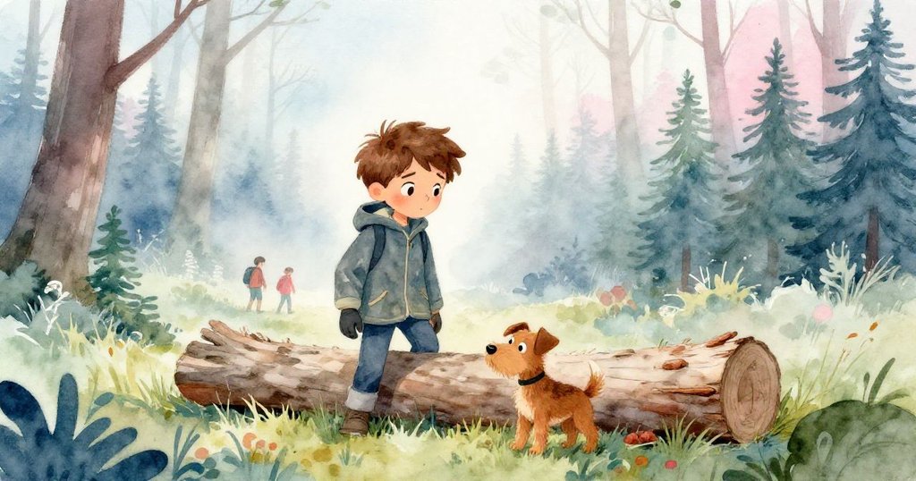 懷著決心的Wyatt在薄霧森林中觀察潮濕小徑，身旁的小犬警覺等待，遠處有不同年齡的登山者，氛圍溫柔而清新。