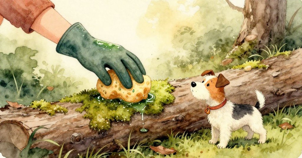 Wyatt穿著手套的手輕觸濕潤苔蘚，苔蘚如擠壓過的海綿般細膩，閃著綠色水珠，展現森林地面挑戰的細節。