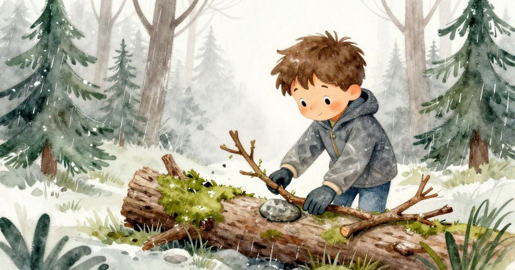 Wyatt專注地排列樹枝在濕滑的樹幹上搭出臨時坡道，樹枝和岩石互相依偎，畫面帶有輕微扭曲感，展現森林微妙動態。