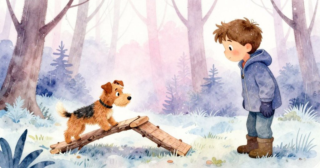 小犬輕輕試探搭好的坡道，Wyatt目光專注守望，森林小徑與遠處行人隱約可見，畫面充滿溫柔動感。