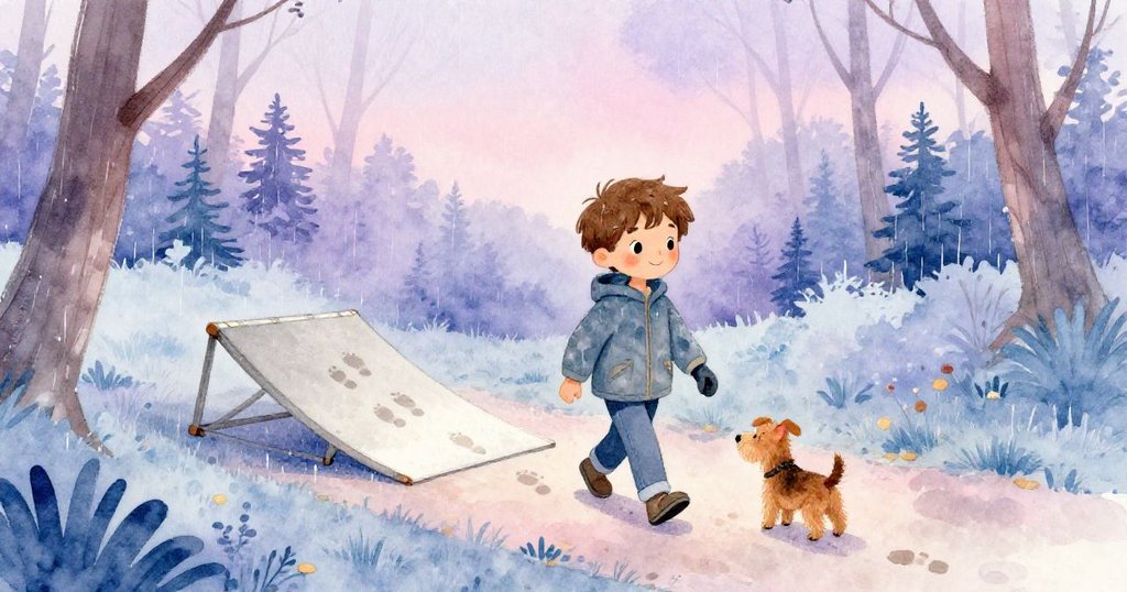 在黃昏柔和光線中，Wyatt與小犬沿著雨後的小徑緩步前行，留下穩固的坡道和漸乾的腳印，畫面溫馨平靜。