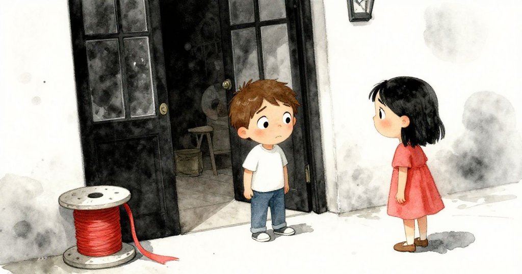 Felix和Oona在溫暖午後室內入口互動，Oona皺眉看著滑動的絲帶，Felix按著絲捲，背景有人影和地板。