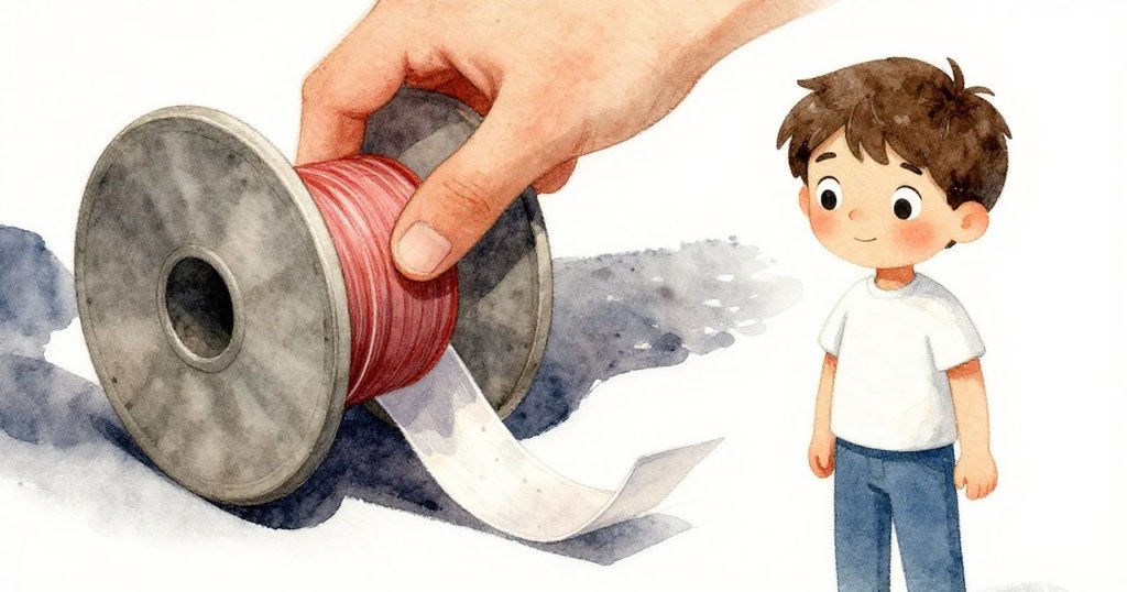 Felix專注握住絲捲，特寫顯示滑動的絲帶與光影變化，他的指尖細膩接觸絲捲。