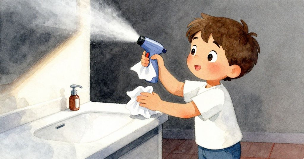 Felix輕撫帶濕痕的紙巾，頭頂上噴霧器釋放柔和霧氣，反光櫃檯細緻見微，背景有Oona身影。