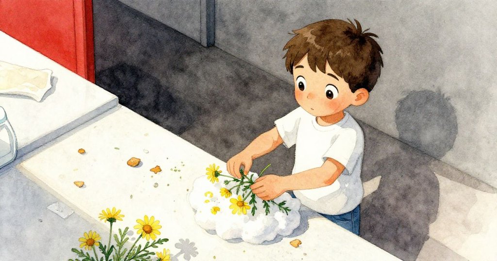 Felix從上方俯視櫃台，忙著將黃色雛菊插入花泥，小心平衡紙巾與乾屑，動作專注急迫。