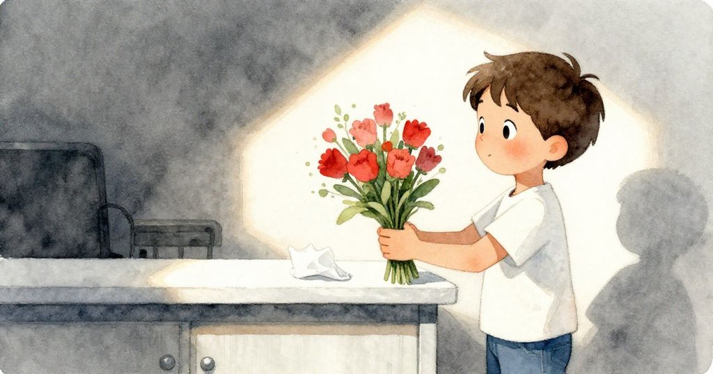 Felix滿意地舉著完成的花束，桌上殘留著捲曲的濕紙巾，溫柔光線下場景靜謐，充滿意味。