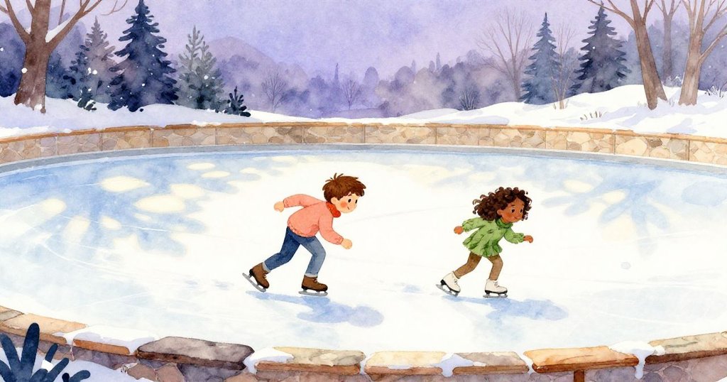 克萊德觸摸溫暖石邊，與烏娜在冰面前準備賽跑，室外冰場廣闊，光影斑駁，充滿期待與興奮。