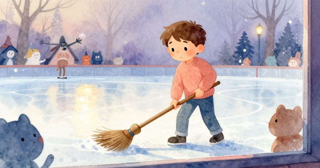 透過霧化玻璃看見克萊德調整木掃，凝視冰面，臉上充滿決心與專注，室內外光影交錯的畫面。