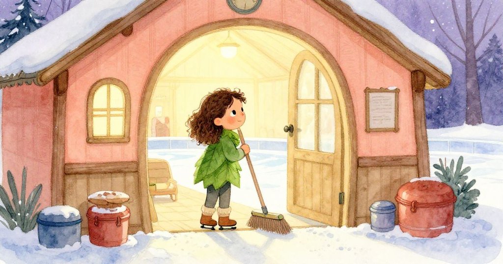 烏娜在溫暖小屋中放下掃帚，透過窗戶凝視冰雪景致，內心平靜且滿懷期待，氛圍溫馨宜人。